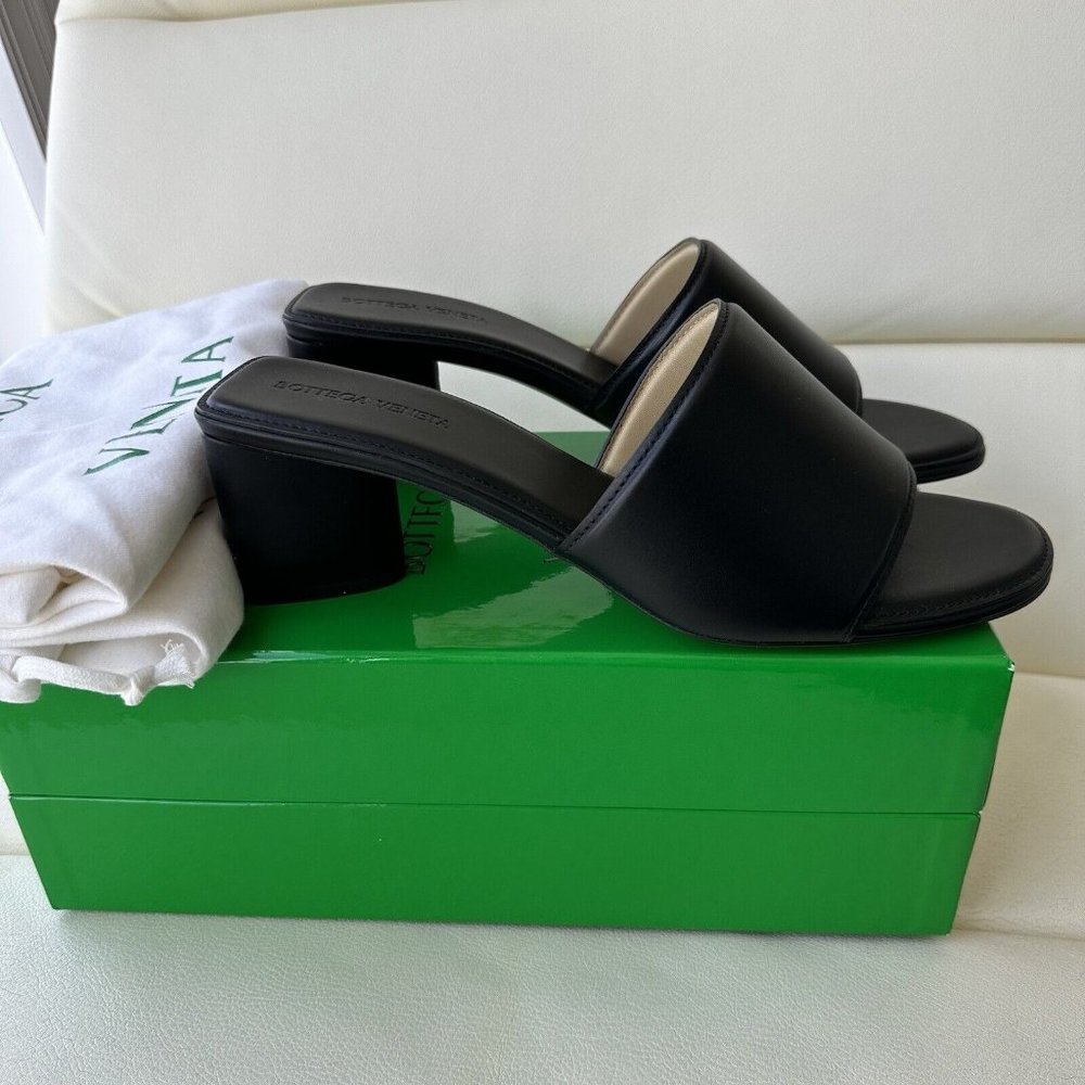 Bottega Veneta Black Leather Block Heel Slide Sandals